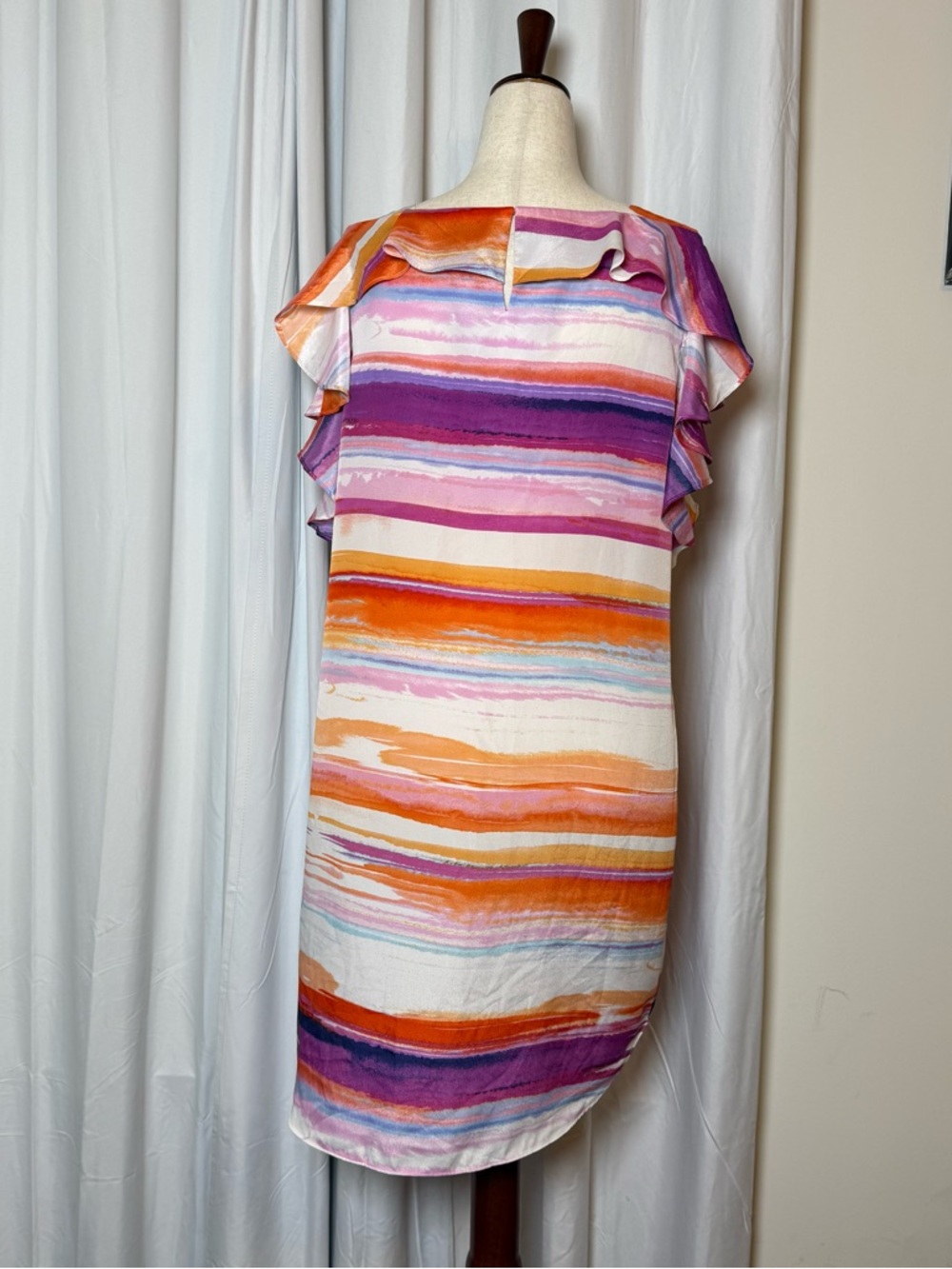 Amanda U Watercolor Ruffle Dress Bright Stripe Shift Medium - Picture 3 of 12